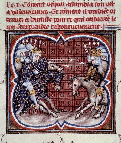 Frans-Engelse Oorlog (1202-1214): de Slag bij Bouvines op 27/07/1214 tussen het Franse leger van Philippe Auguste en de Vlaamse en Welfen van Othon IV. De Franse overwinning was beslissend voor de uitkomst van de oorlog. Miniatuur uit 