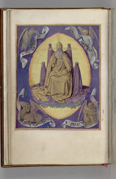 God de Vader met symbolen van de vier Evangelisten in de hoeken. Getijdenboek door Jean Fouquet