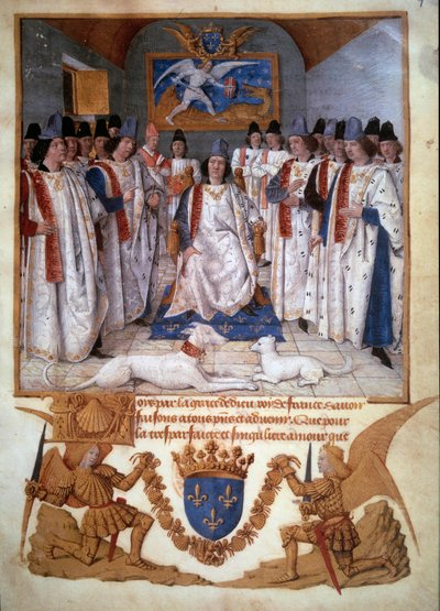 Held van een hoofdstuk van de Orde van Sint-Michel rond Lodewijk XI door Jean Fouquet
