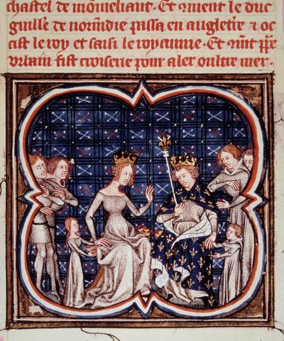 Koning van Frankrijk Filips I (1052-1108) met zijn vrouw Berthe van Holland en hun kinderen Constance van Frankrijk (1078-1125) en Lodewijk VI (1081-1137). Miniatuur uit 