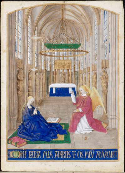 De Aankondiging, miniatuur uit de Getijden van Étienne Chevalier. Office du Saint-Esprit, metten door Jean Fouquet