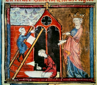 Lodewijk VI de Dikke (1081 - 1137) houdt toezicht op de bouw van een gebouw. Miniatuur in 