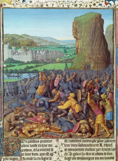 Ms Fr 247 fol.110 Overwinning van de Israëlieten op de Filistijnen, illustratie uit 