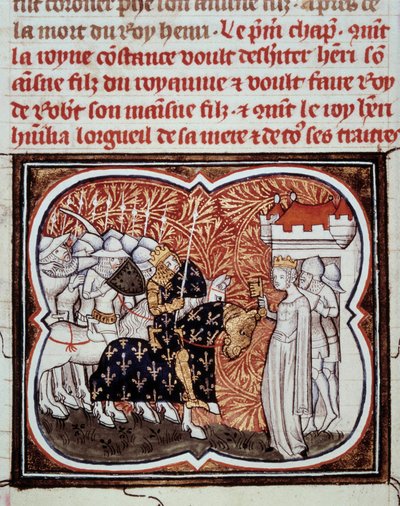 Koningin Constance van Arles (986-1032) geeft zich over aan haar zoon Hendrik I koning van Frankrijk (1008-1060) Miniatuur uit “Les grandes chroniques de France” door Jean Fouquet (1420-1481) 15e eeuw Parijs, B.N. door Jean Fouquet