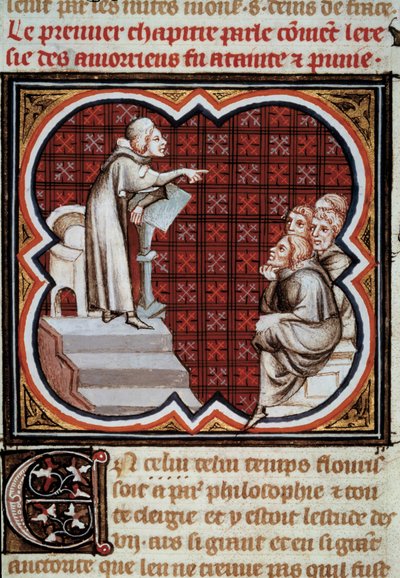 De Franse filosoof en theoloog Amaury de Chartres (of Amaury de Bene of Amalricus de Bene) (overleden 1209) voor zijn discipelen (de Amauricians) door Jean Fouquet