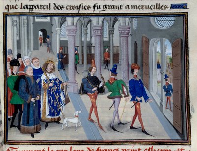 De heilige koning Lodewijk (Lodewijk IX (1214-1270) maakt zich klaar om overzee te vertrekken. Miniatuur uit Les Grandes Chronicles door Jean Fouquet (1420-1481), Parijs, Bibliotheek van het Arsenaal door Jean Fouquet