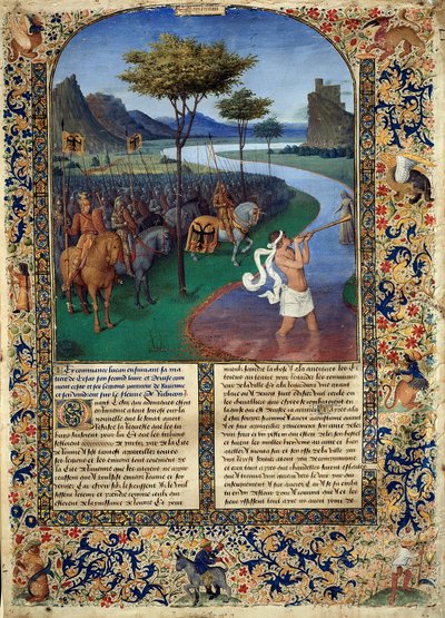 De oversteek van de Rubicon door Julius Caesar. De Romeinse generaal Julius Caesar stak de Rubicon over op 11/01/49 v.Chr., wat de scheiding vormt tussen Cisalpijns Gallië en Italië. Miniatuur uit 