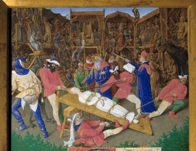 De geloften van de heiligen. Martelaarschap van Sint Apolline. De christelijke heilige Apolline van Alexandrië wordt gemarteld door de heidenen in 249 na Christus. De beulen trekken aan haar haar en breken haar tanden. Keizer Decius is een toeschouwer. Det door Jean Fouquet