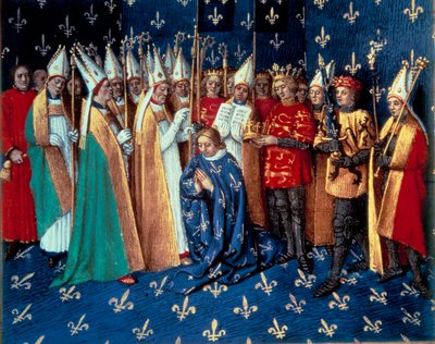 De kroning van Philippe Auguste in Reims op 1/11/1179. Miniatuur uit Kronieken van Saint Denis door Jean Fouquet (1420-1481) 15e eeuw door Jean Fouquet