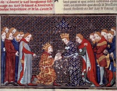 Het eerbetoon van koning Edward III van Engeland (1312-1377) aan Filips VI van Valois (1294-1350), koning van Frankrijk, in 1330. Miniatuur uit 