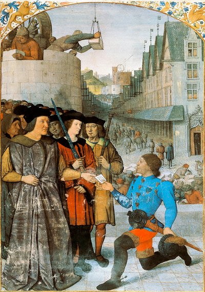 Burggraaf van Rochechouart ontvangt een koninklijke boodschapper. Miniatuur door Jean Fouquet uit 