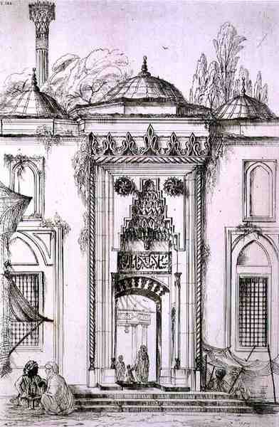 Ingang van de Moskee van Bayazid II, in Constantinopel, uit 
