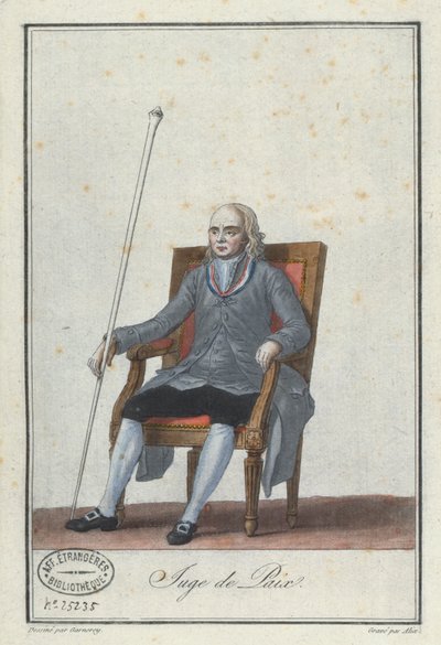Vrederechter, gegraveerd door Alix, uit een boek over Franse Directoire-kostuums door Jean Francois Garneray