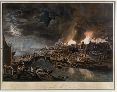Granville in vlammen belegerd door de Vendéans, gebaseerd op schilderij van J. François Hue, ca. 1800 door Jean Francois Hue
