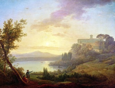 Italiaans landschap, ondergaande zon door Jean Francois Hue