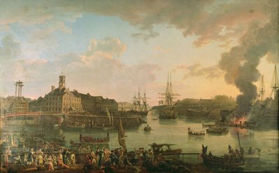 Uitzicht op de haven van Brest vanuit de overdekte dokken in 1795 door Jean Francois Hue