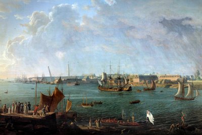 Zicht op de haven van Lorient in de 18e eeuw. Detail (detail) van een schilderij door Jean François Hue (1751-1823) Parijs, Musée de la Marine door Jean Francois Hue
