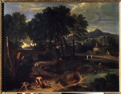 Landschap met een kudde schapen op de weg door Jean Francois I Millet