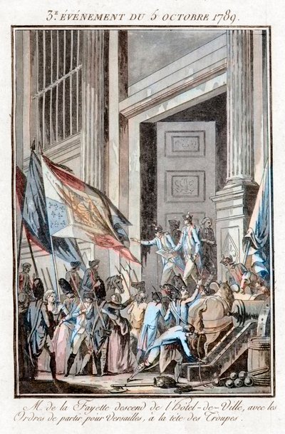 Franse Revolutie - La Fayette verlaat het stadhuis van Parijs om naar Versailles te gaan, 5 oktober door Jean Francois Janinet