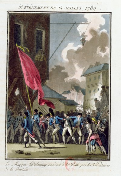 Markies Bernard Rene Jordan de Launay (1740-89) Gouverneur van de Bastille naar het Hotel de Ville gebracht op 14 juli 1789 door Jean Francois Janinet