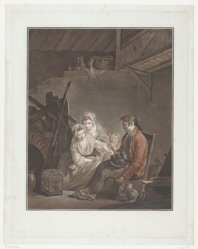 Twee vrouwen en een kind bij een man die een vogel verstopt door Jean Francois Janinet