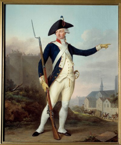 Franse Revolutie: "Portret van burger Nau Deville in uniform van de nationale garde (op de achtergrond de sloop van de Bastille)" door Jean Francois Marie Bellier