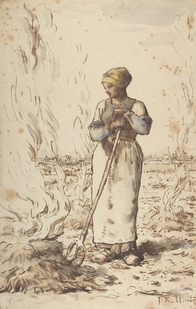 Een Vrouw die Onkruid Verbrandt, 1830-75 door Jean Francois Millet