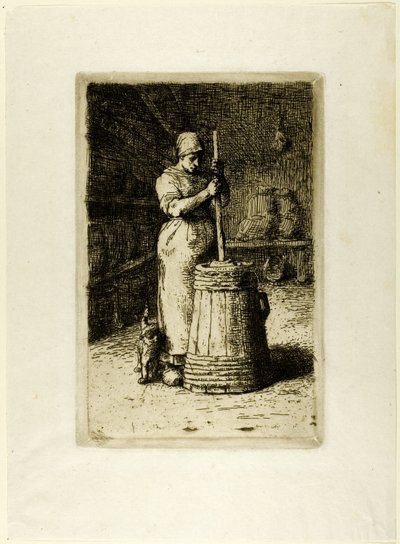 Een vrouw aan het karnen door Jean Francois Millet