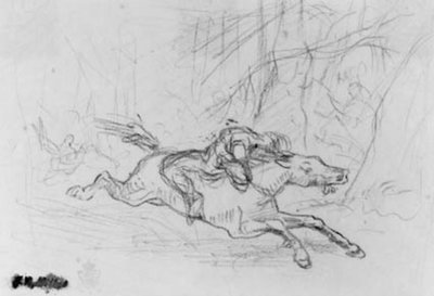 Achterwaarts zittende man op een wilde paard in een bos. Simon Butler door Jean Francois Millet