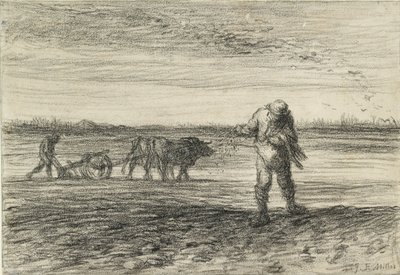 Man aan het ploegen en een ander aan het zaaien, 1849-1852 door Jean Francois Millet