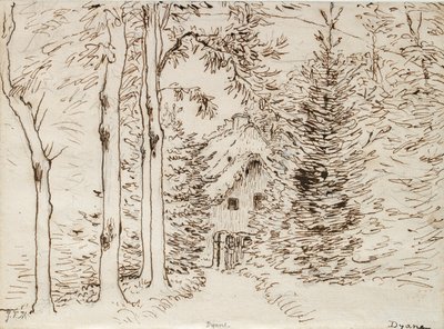 Pad door het bos naar een huis met rieten dak door Jean Francois Millet