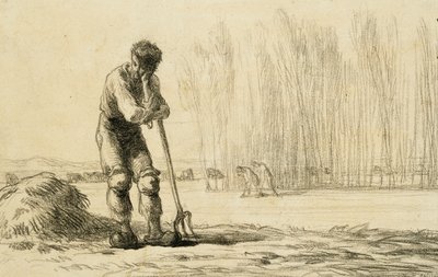 Boer leunend op een hooivork door Jean Francois Millet