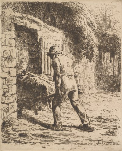 Boer die een kruiwagen duwt, 1855 door Jean Francois Millet