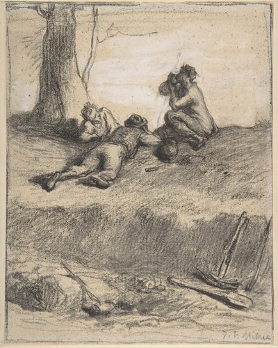 Wegwerkers tijdens de lunch, ca. 1850-52 door Jean Francois Millet