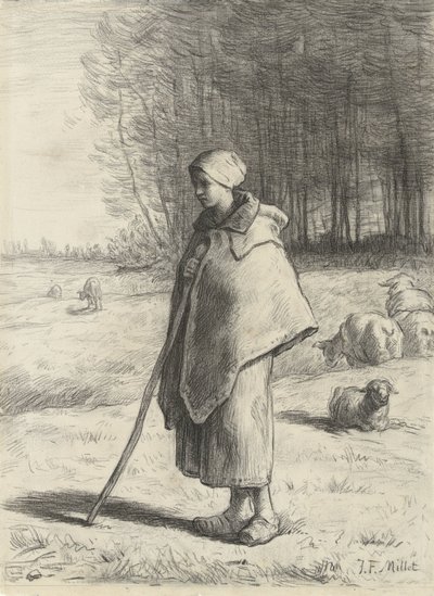 Schaapherderin, leunend op een stok door Jean Francois Millet