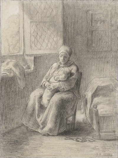 Zittende vrouw met een baby bij een raam, ca. 1824-75 door Jean Francois Millet