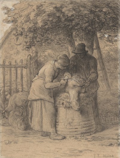 Schapenscheren onder een boom, ca. 1854 door Jean Francois Millet