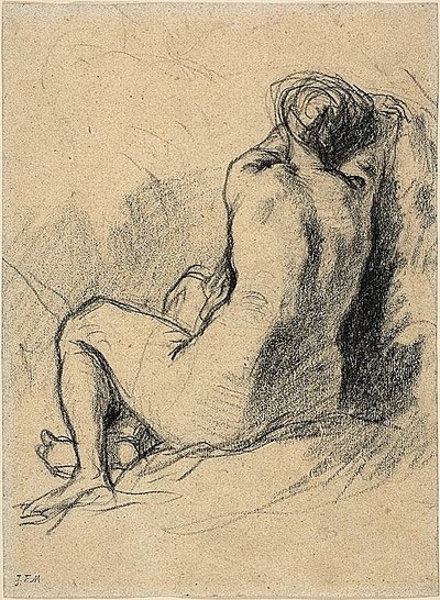 Studie: Naakte vrouw op de rug gezien (recto) Schetsen van werkende boeren (verso) door Jean Francois Millet