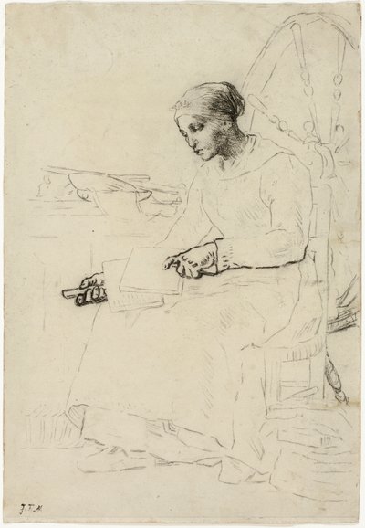 De wolkammer (recto); Fragmentarische schets van man staand bij hek (verso) door Jean Francois Millet