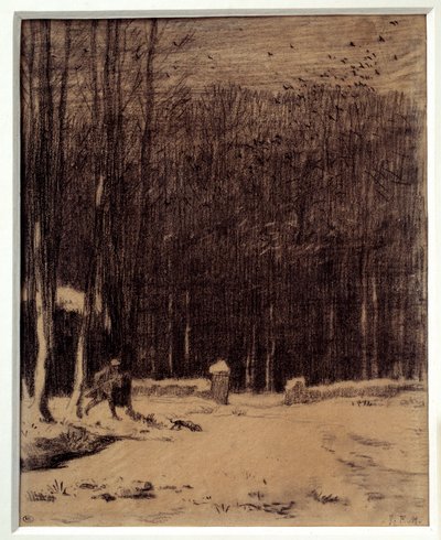 De ingang van het Barbizon-bos, sneeuweffect door Jean Francois Millet