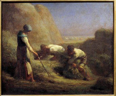De hooibootjes. Boeren maken de laarzen met het hooi dat net is gemaaid. door Jean Francois Millet