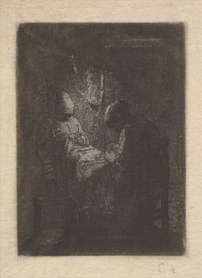 Twee vrouwen naaien bij lamplicht, ca. 1853 door Jean Francois Millet