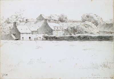 Uitzicht op boerderijgebouwen over een veld door Jean Francois Millet