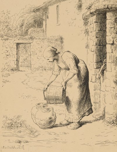 Vrouw die een emmer leegt, 1862 door Jean Francois Millet