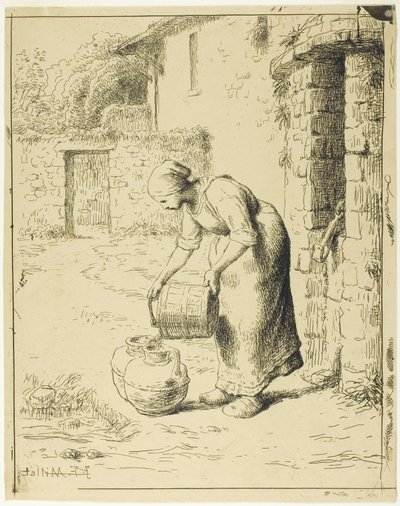 Vrouw die een emmer leegt door Jean Francois Millet