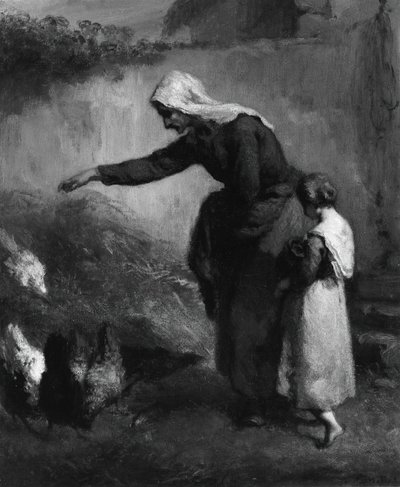 Vrouw die kippen voert, 1846-1848 door Jean Francois Millet