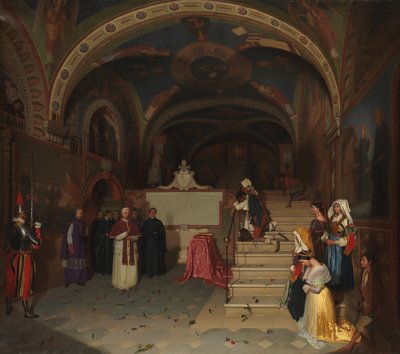 Paus Gregorius XVI bezoekt de kerk van San Benedetto in Subiaco, 1843 door Jean Francois Montessuy