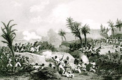 Zwarte opstand in Santo Domingo, 16 september 1802, uit "Histoire Universelle du XIXe siecle", naar Martinet door Jean Francois Pourvoyeur