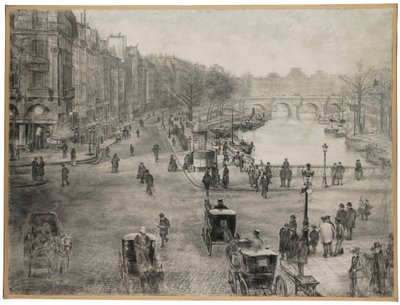 Parijs, La place de Saint Michel met de quai des Grands Augustins en de pont Saint Michel op de voorgrond en de pont Neuf en het Louvre op de achtergrond, ca. 1900 door Jean Francois Raffaelli