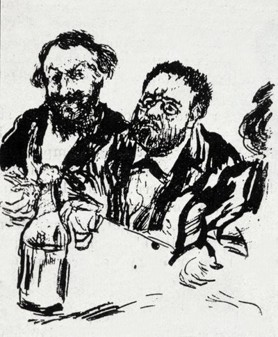 De schilder Edouard Manet (1832-1883) en de schrijver Emile Zola (1840-1902) aan tafel. Karikatuur door Jean Francois Raffaelli (1850-1924) door Jean Francois Raffaelli